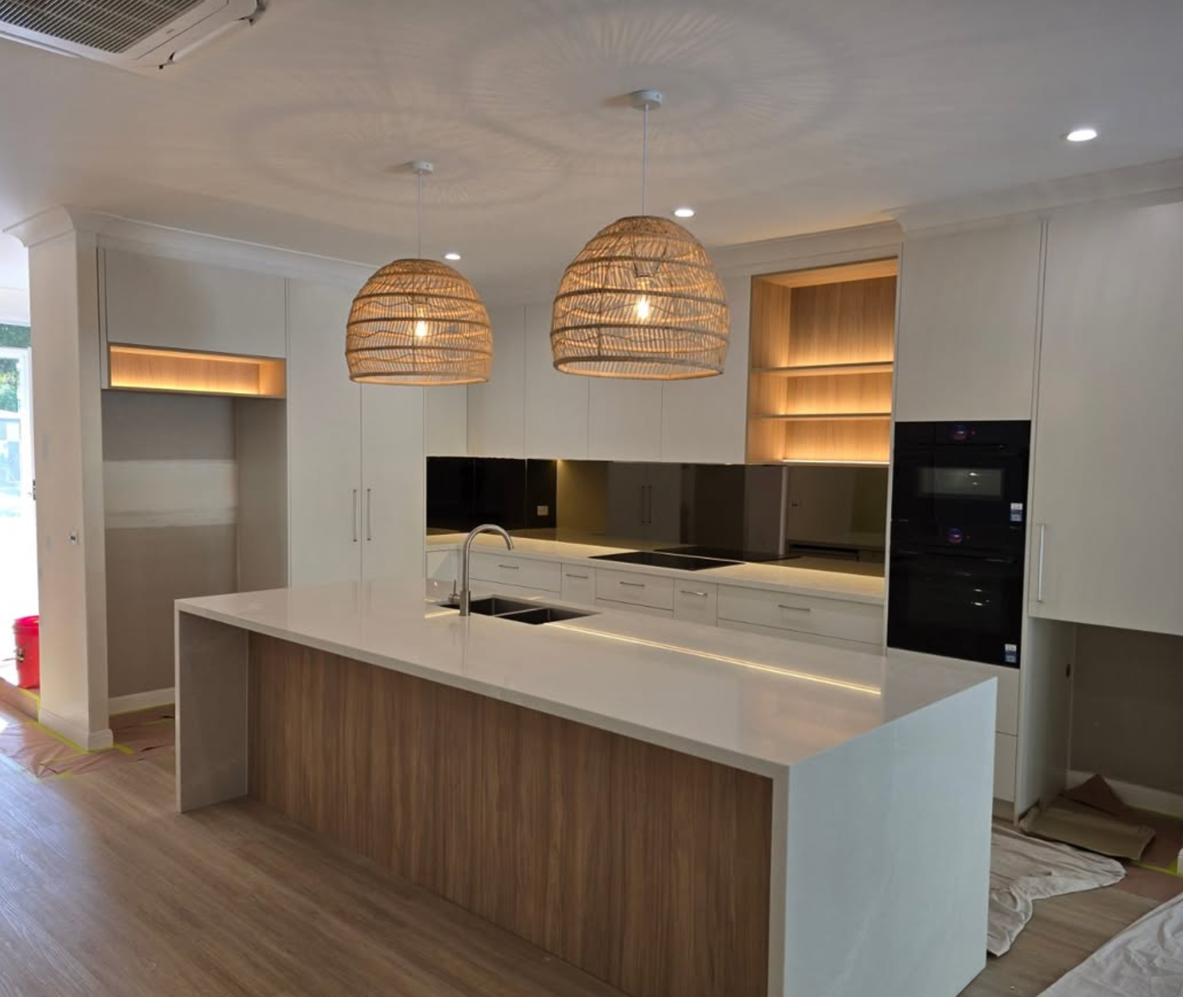 Kitchen pendant lights and LED strip shelf lighting