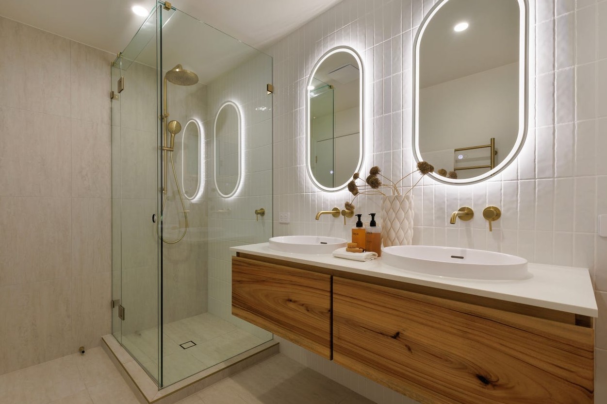 LED backlit mirrors and downlights — luxury bathroom